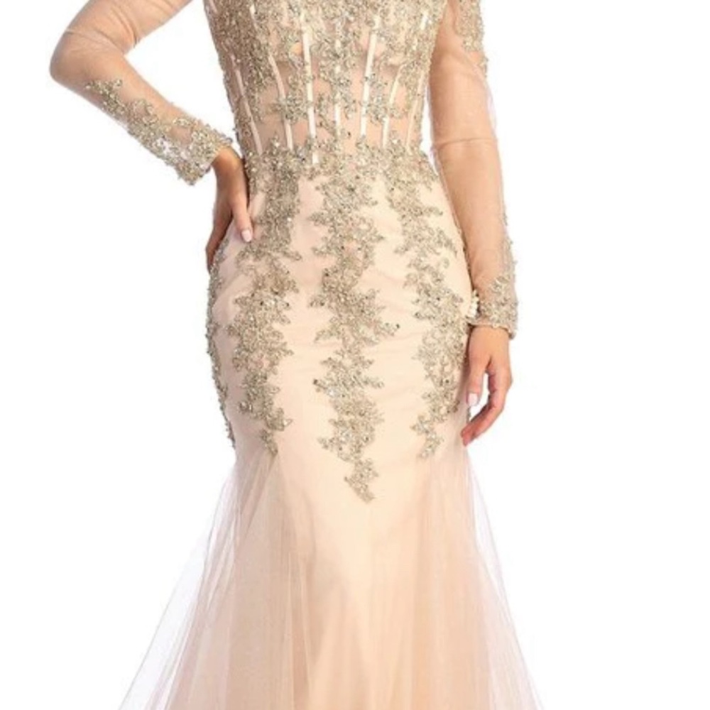 Rose Gold Off the Shoulder Long Sleeve Mermaid Prom Gown with Sheer Boned Bodice